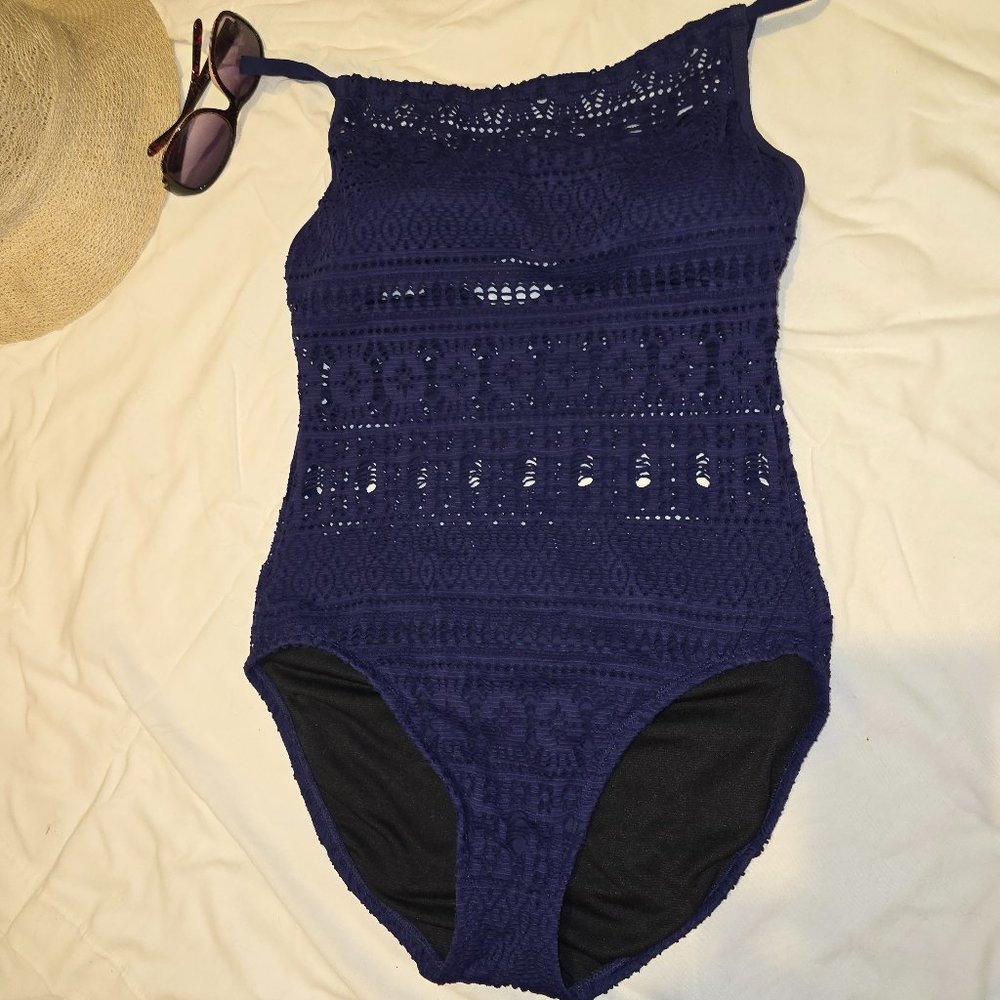 Aqua Green NAVY Bathing Suit One Piece with Peek Thru Tummy Dark Blue Size S